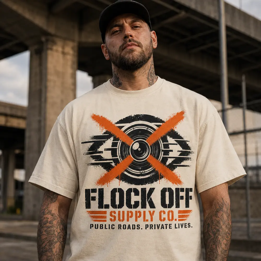 Model wearing the Eye Strike heavyweight Flock Off T-shirt